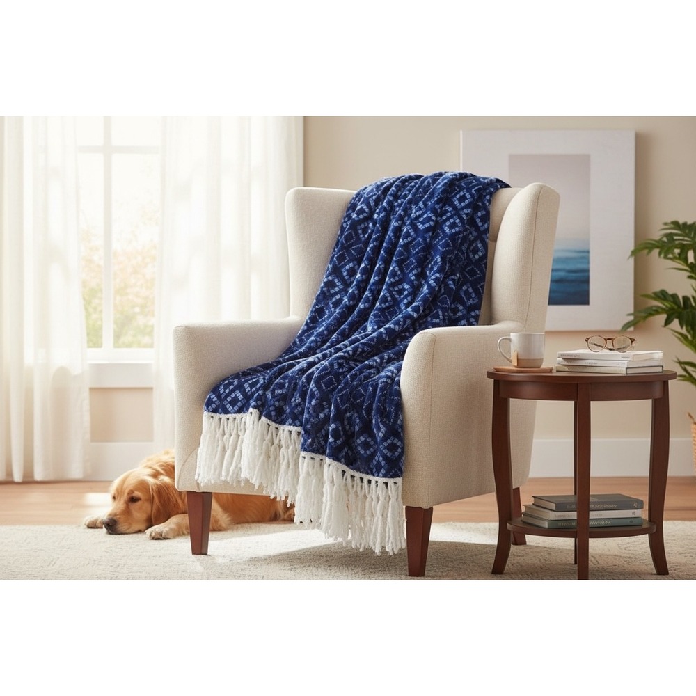 Berkshire Throw Blue Diamond Shapes with White Tassels